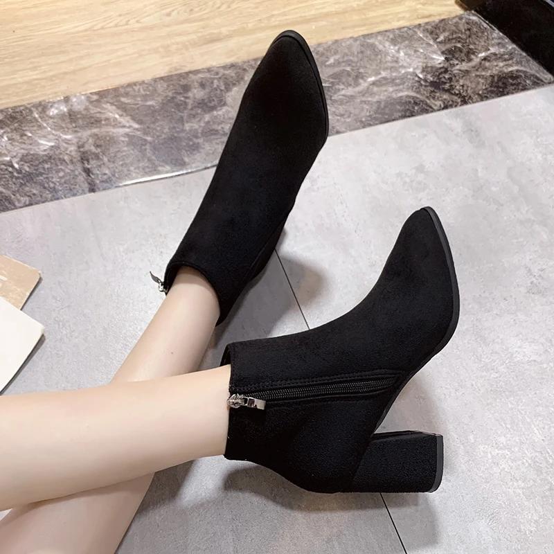Fashion Fashionable Bare Boots 2024 Autumn and Winter New Style Pointed Thick Heel Thin Side Zipper Comfortable Versatile Bare Boots