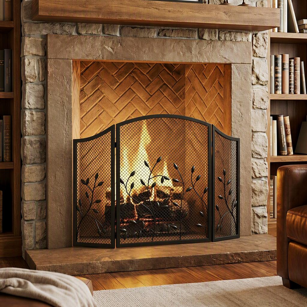 OMCOM Fireplace Screen, 3-Piece Foldable Fireplace Guard 122 X 75 Cm