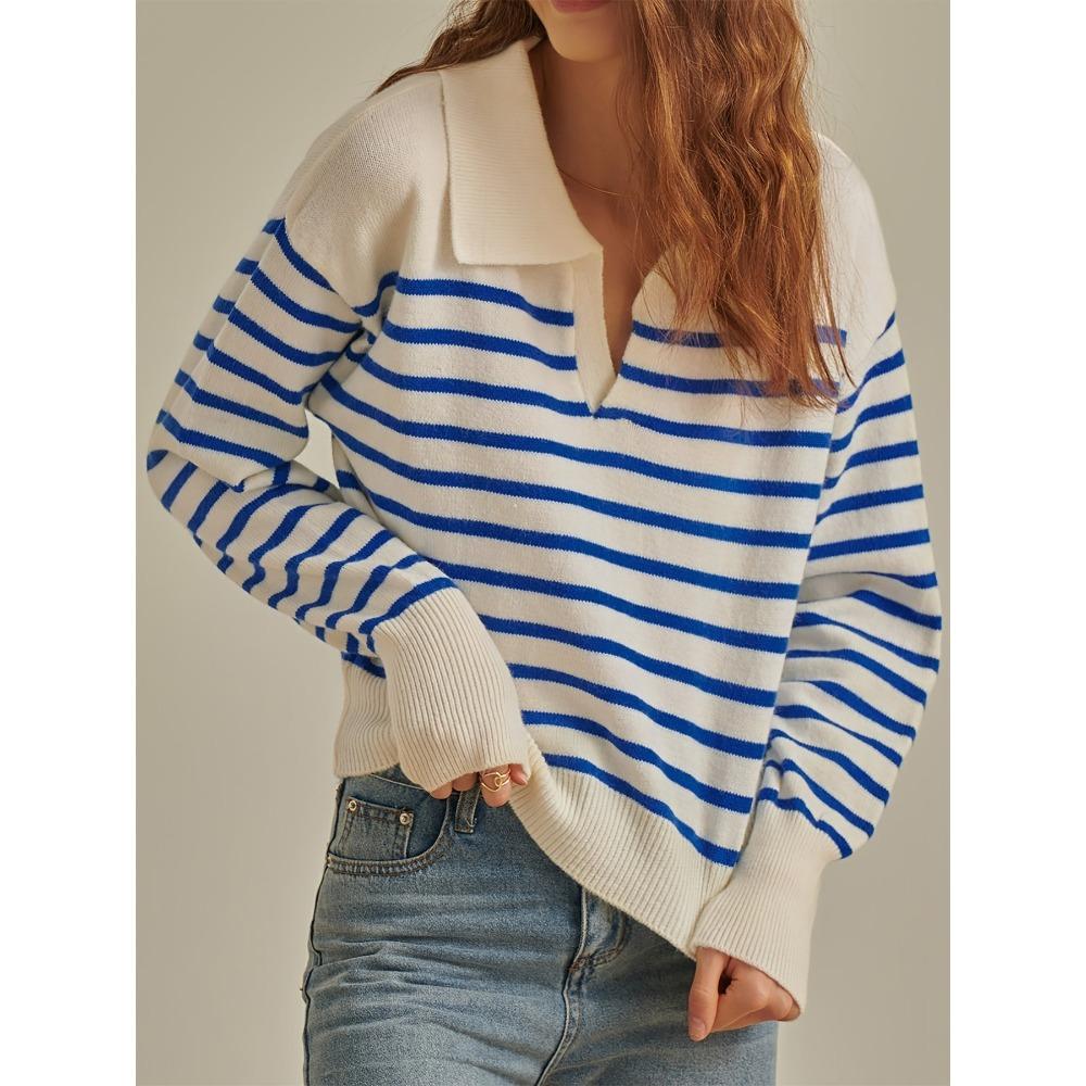 

Топ базового слоя на осень с V-образным вырезом, лацканами и полосками, свитер, свободное пальто в морском стиле контрастного цвета L светло-синий