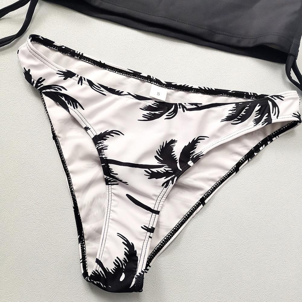 23-Year Coconut Tree Print Halter Neck Tie-Up Tummy Control Plus Size Women's Bikini