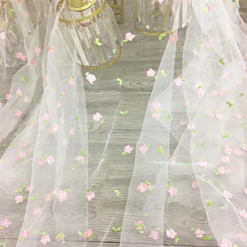 160x45cm Small Pink Flower Embroidered Mesh Fabric For Girls Princess Dress Tulle Handmade DIY Clothing Decoration Fabric TJ9656