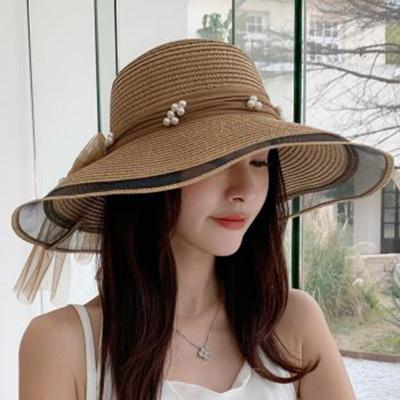 Pearl Decorated Straw Hat Women's Summer Outdoor Beach Visor French Casual Sunscreen Big Eaves Hat