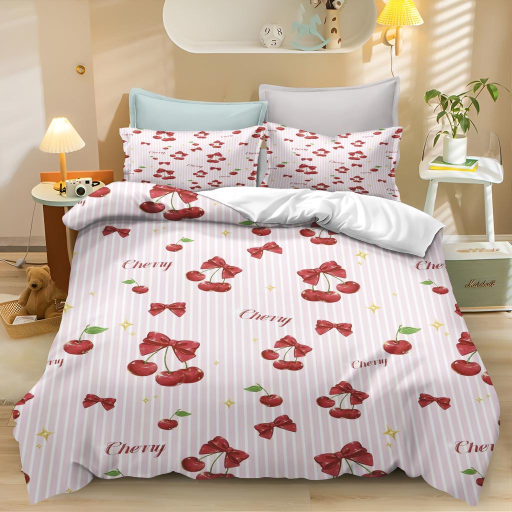 Cherry Flowers Quilt Duvet Cartoon Cover Queen Size Comforter Bedding Sets King Cute Printed Children Cartoon 3-Piece Set