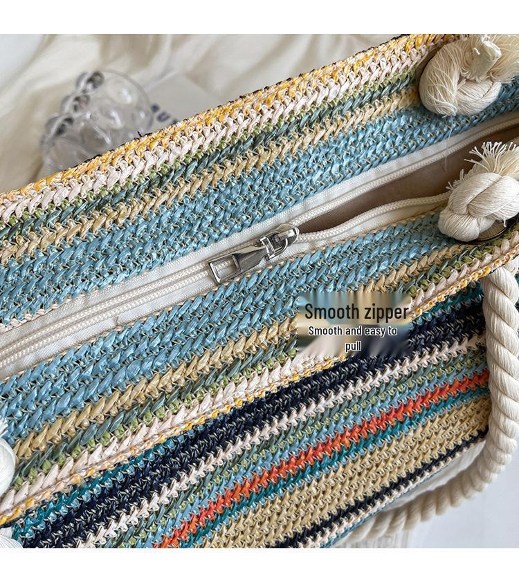 Korean Style Color Block Straw Braid Tote: Trendy Summer 2024 Women's Casual Shoulder Bag
