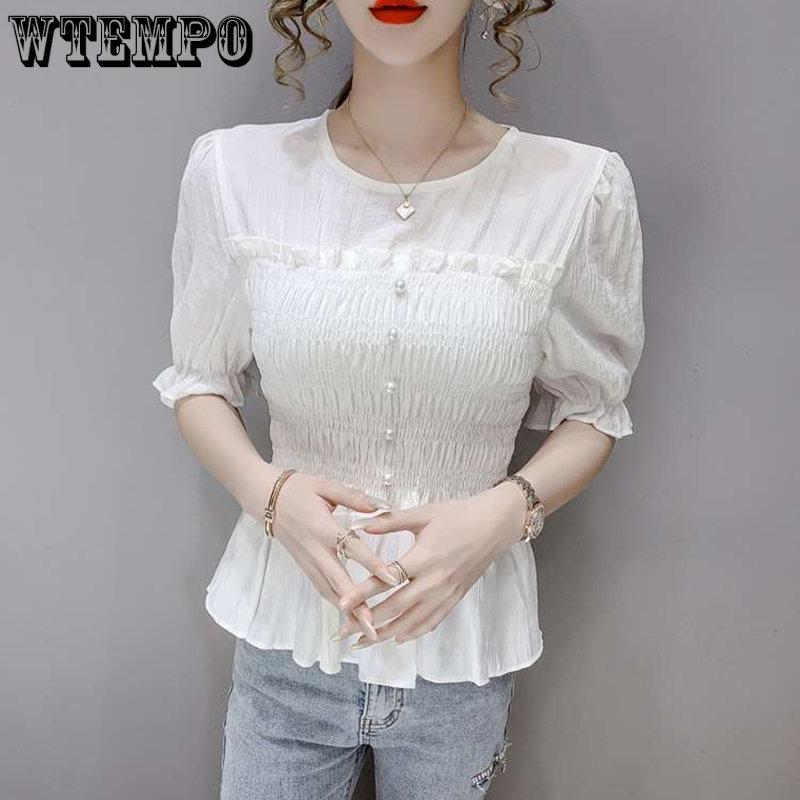 WTEMPO Chemises en mousseline de soie unie pour femmes, coupe ajustée, manches courtes bouffantes, polyvalentes, style streetwear, été