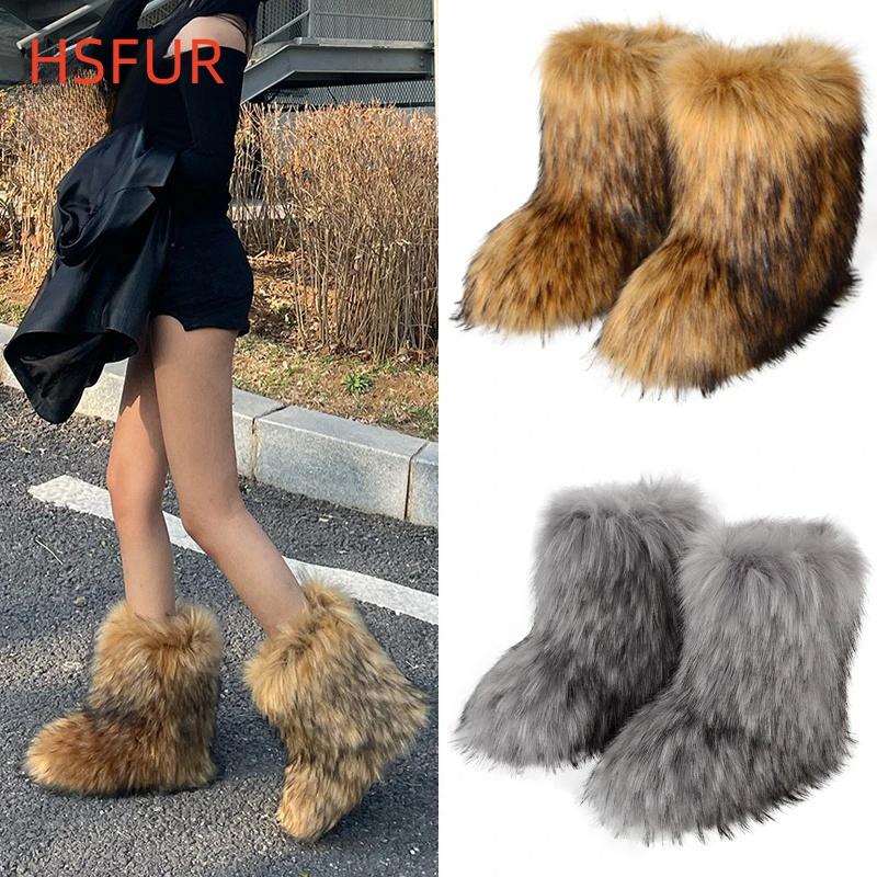 Women Winter Faux Fur Boots Woman Fluffy Plush Warm Snow Boots Luxury Footwear Girls Furry Fur Bottes Fashion Winter Shoe