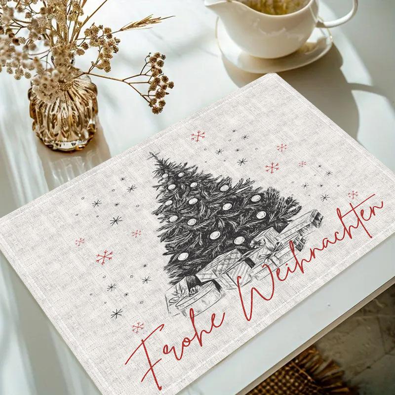 Christmas Linen Placemat Table Coffee Mat Poinsettia Pine Tree Snowflake Cone Merry Christmas Beige Red Green Elegant Decorative