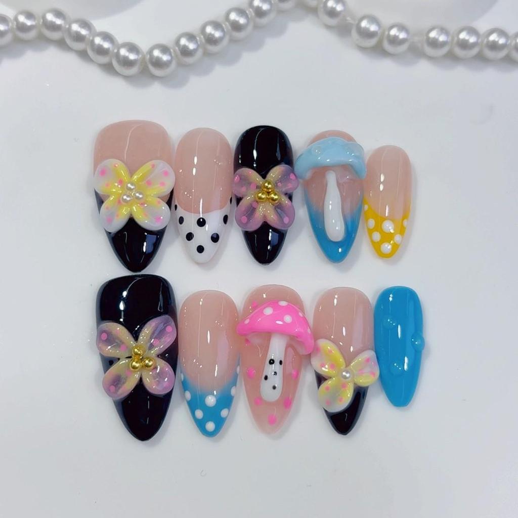 European Black & White Floral Press-On Nails with Almond Shape & Bow Accents