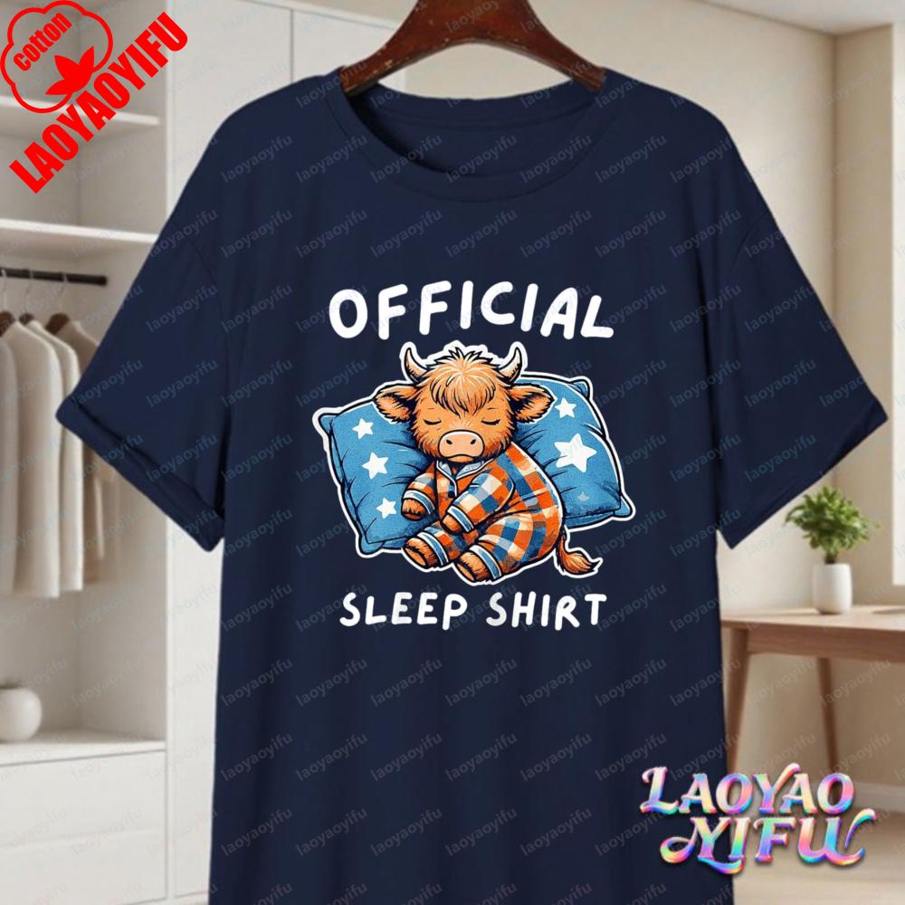 Casual Highland Cow Pajama Cotton TShirt Soft 100 Cotton Sleepwear Graphic Tee Summer Clothes for Women Unisex Loungewear Apparel