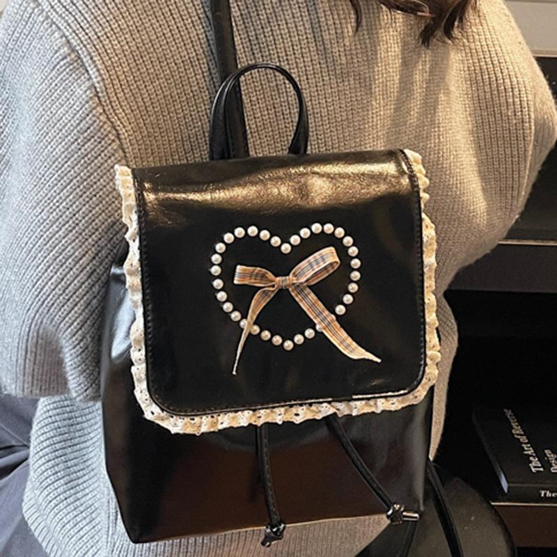 Fashi Sweet Ballet PU Leather Women's Shoulder Bags Pearl Bowknot Decorati Female Backpack Large Capacity Ladies School Bag