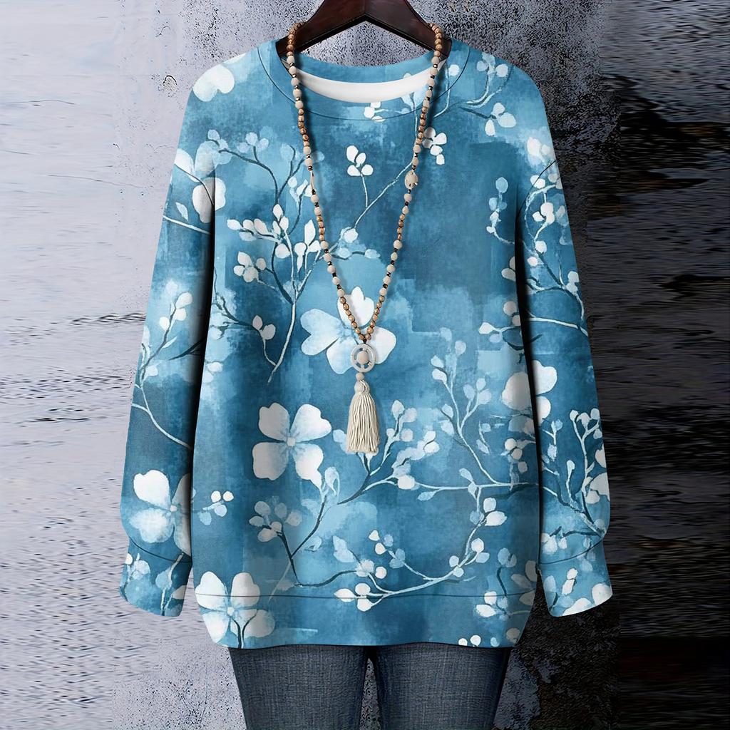 Women's Floral Print Round Neck Long Sleeved T-shirt Sweatshirt Top