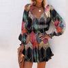 New Long Sleeved V-neck Fashion Print Waist Wrap Dress