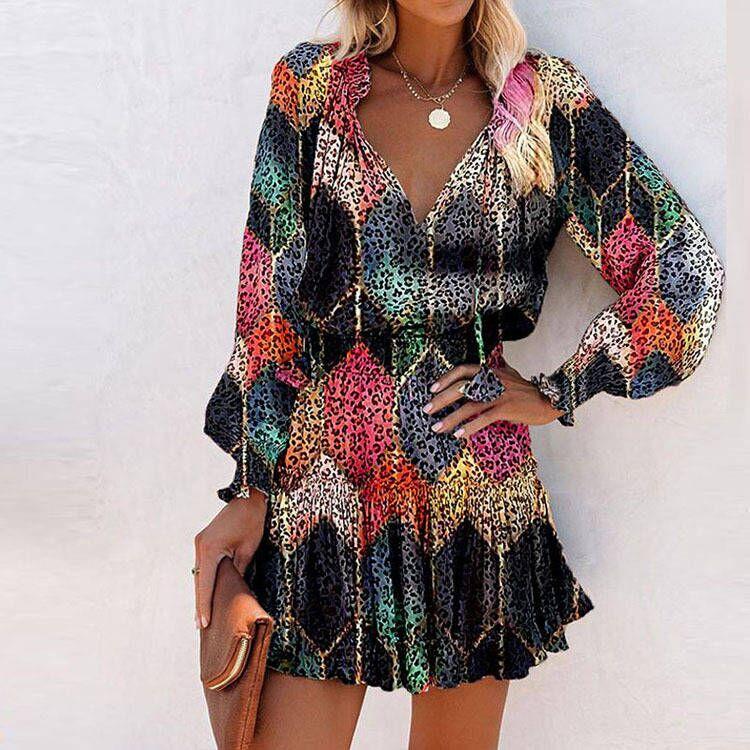 New Long Sleeved V-neck Fashion Print Waist Wrap Dress