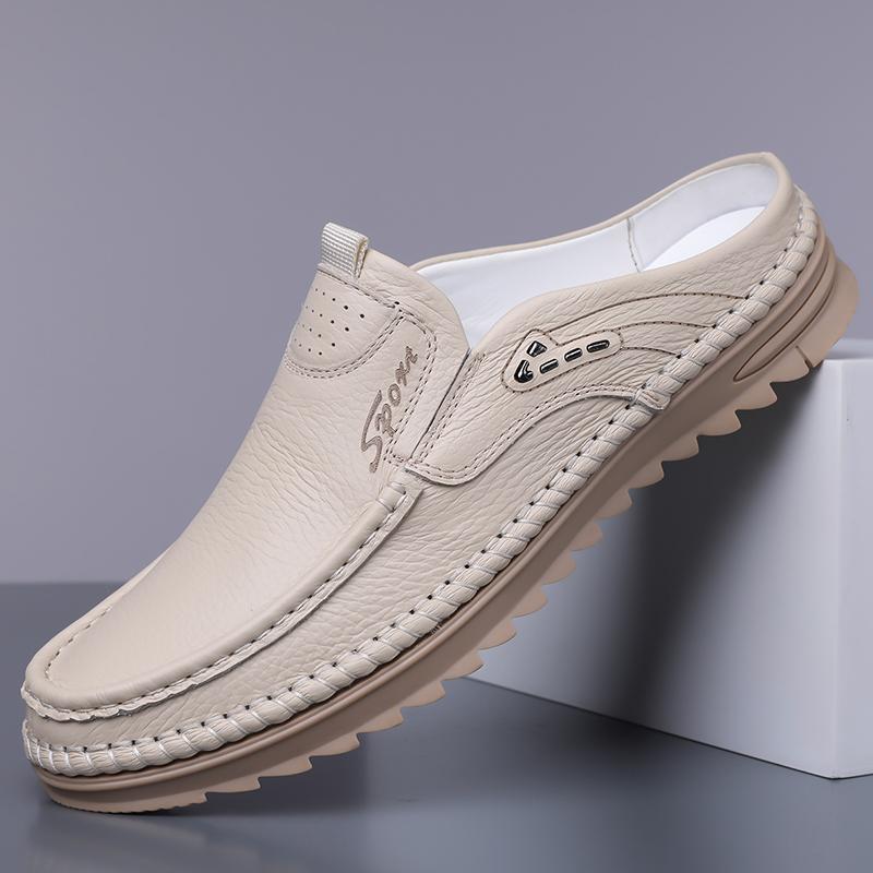 Leisure Walk Men's Casual Shoes Massage Non-slip Leather Muller Shoes Spring Summer Male Half Drag New Trend Slippers Loafers