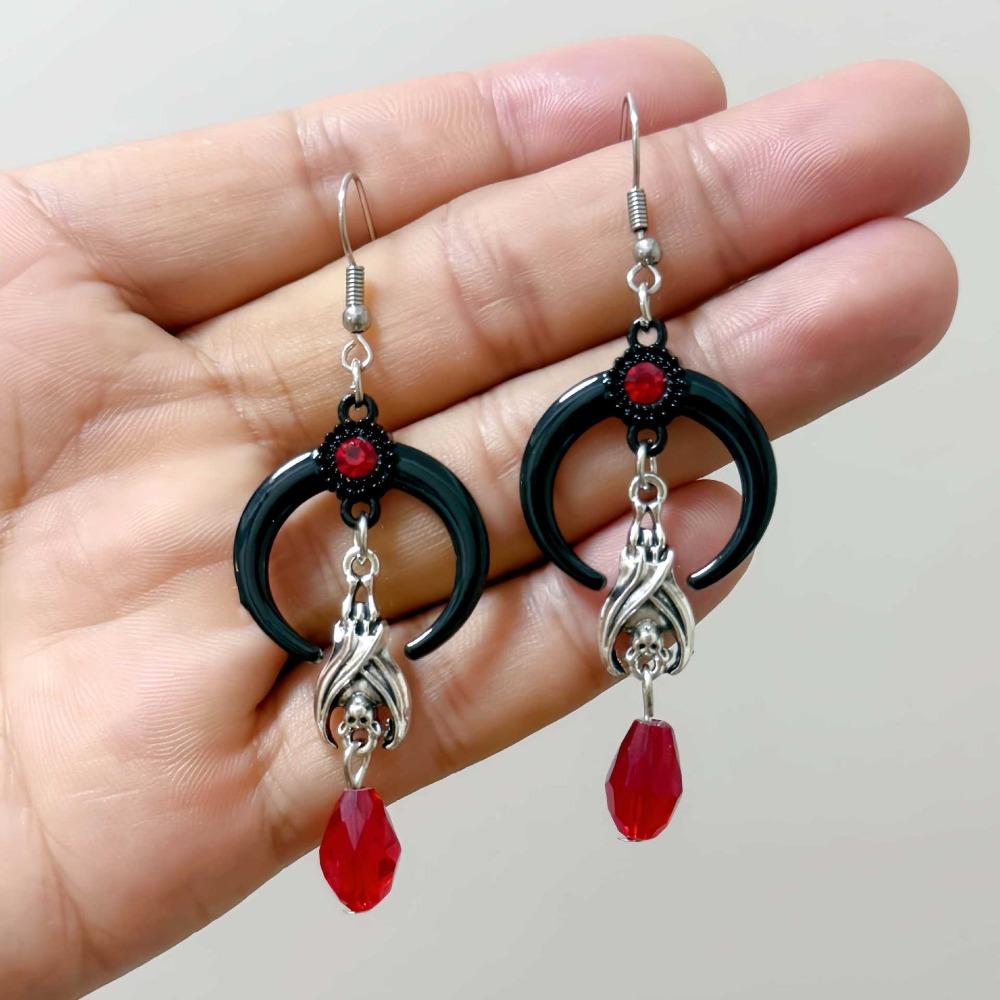 Exaggerated Gothic Black Crescent Moon Silver Color Bat Red Crystal Bead Dangle Earrings for Woman Halloween Mysterious Jewelry