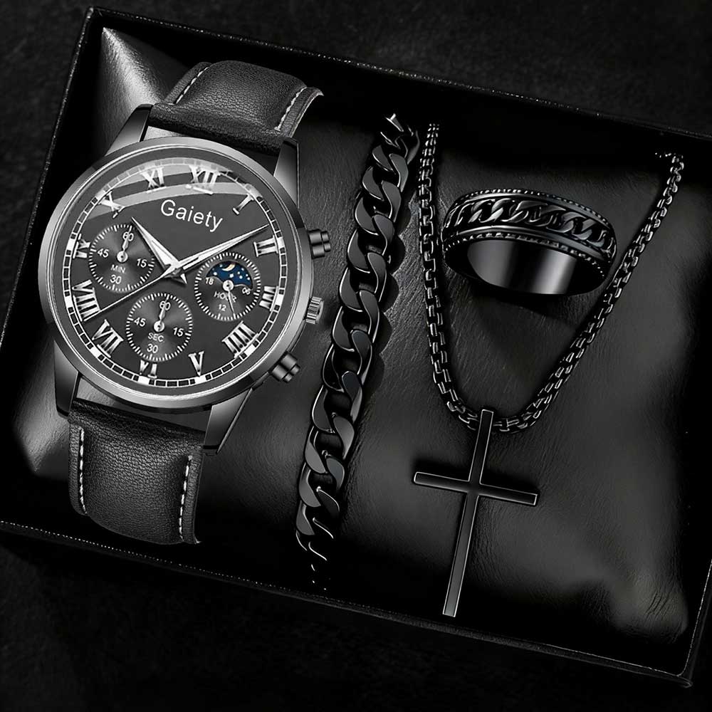 

4PC Black Men s Watch Set Trendy Fashion Roman Digital Scale Dial Quartz Watch Bracelet Necklace Ring Set Perfect Gift