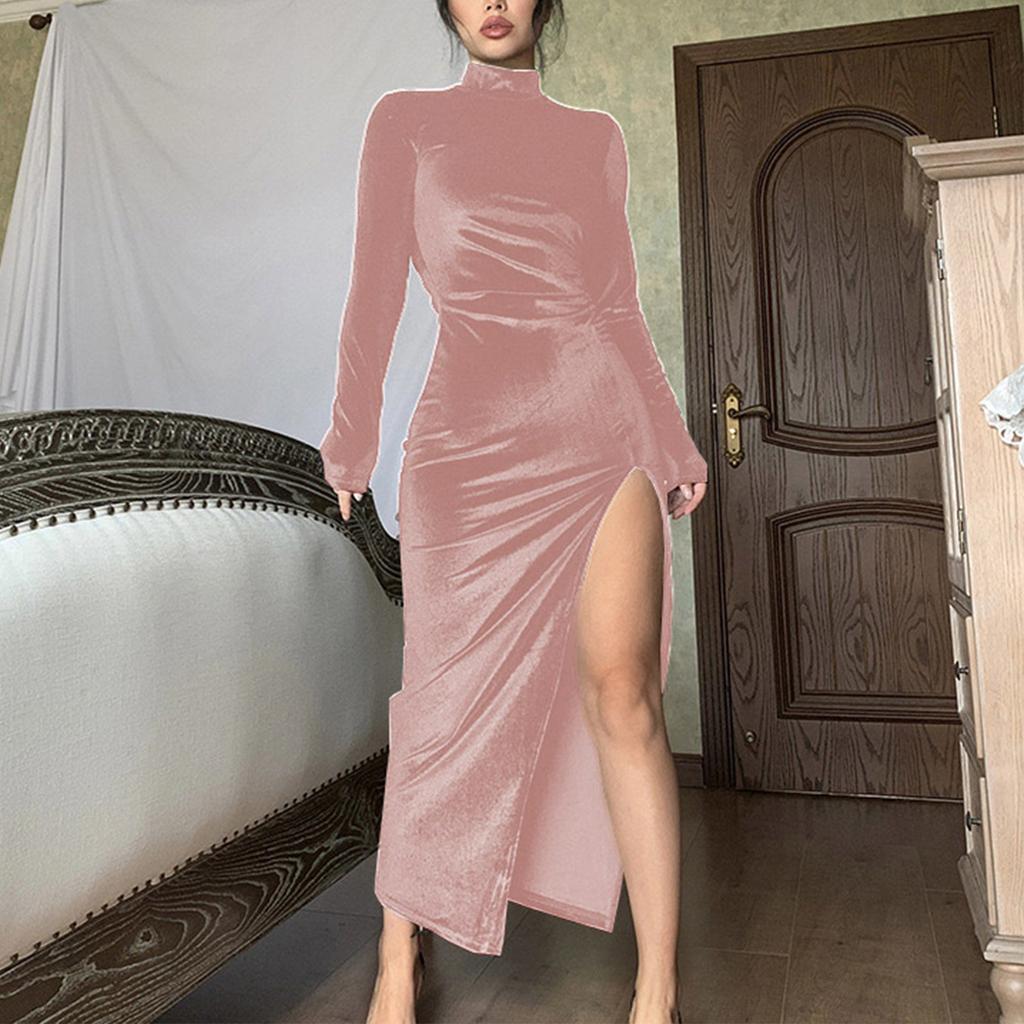 Women's Fashion Solid Colour High Neck Long Velvet Slim Fit Crinkled Split Dress