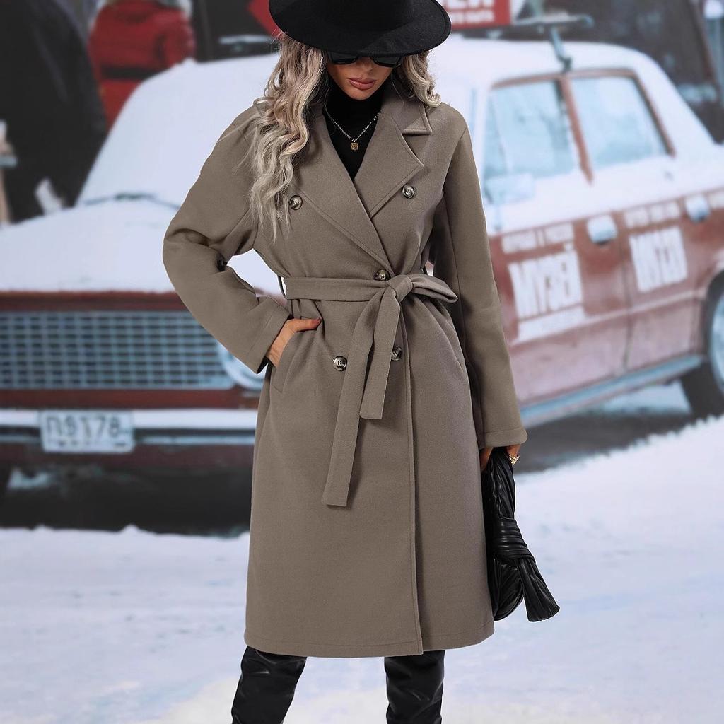 2025 Autumn Winter Women's Double-Breasted Wool Blend Trench Coat, Belted Waist Elegant Overcoat with Notched Lapel, Classic Office Chic Outerwear