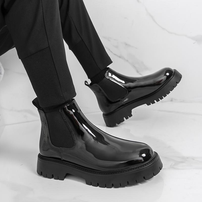 Módní Pánské Business Chelsea Boty s Silnou Podrážkou z Lakované Kůže Protiskluzové Módní Boty s Vysokým Svrškem Evropsko-Americké Společenské Boty Pánské