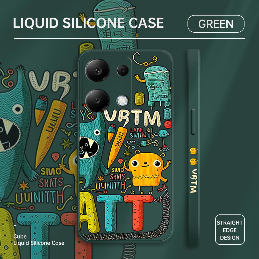 

Чехол для телефона с мультяшным красочным узором, квадратный, жидкий, силикон, TPU, полное покрытие камеры, противоударный защитный чехол для Xiaomi Redmi iPhone Redmi Note 12 Turbo темно-зеленого
