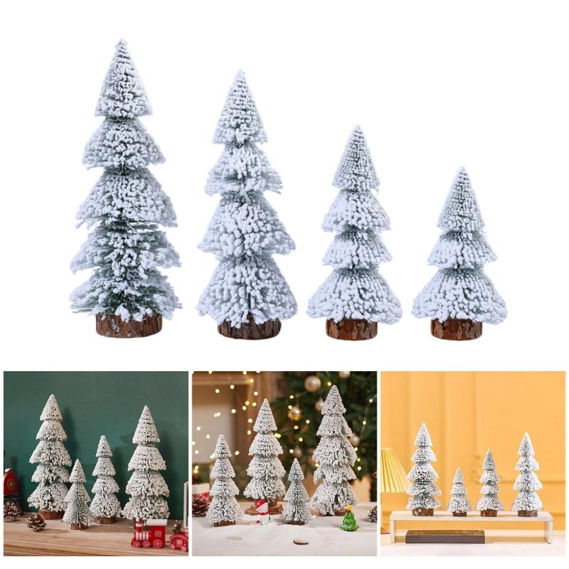 4 Pieces Miniature Christmas Tree Flocking Artificial Pines with Wood Stands for Table Decoration Desktop Ornament