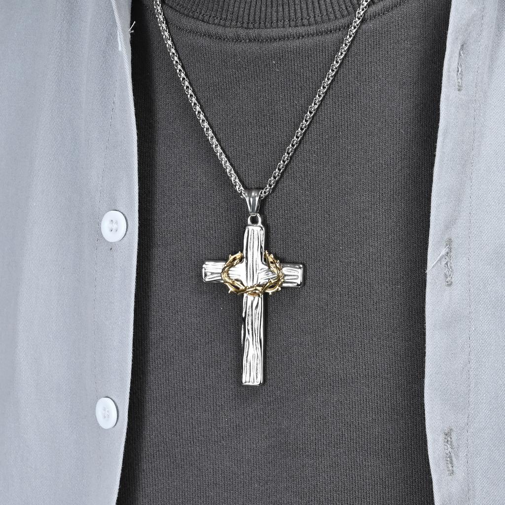 Retro Titanium Steel Wreath Cross Necklace Two Tone Wood Grain Stainless Steel