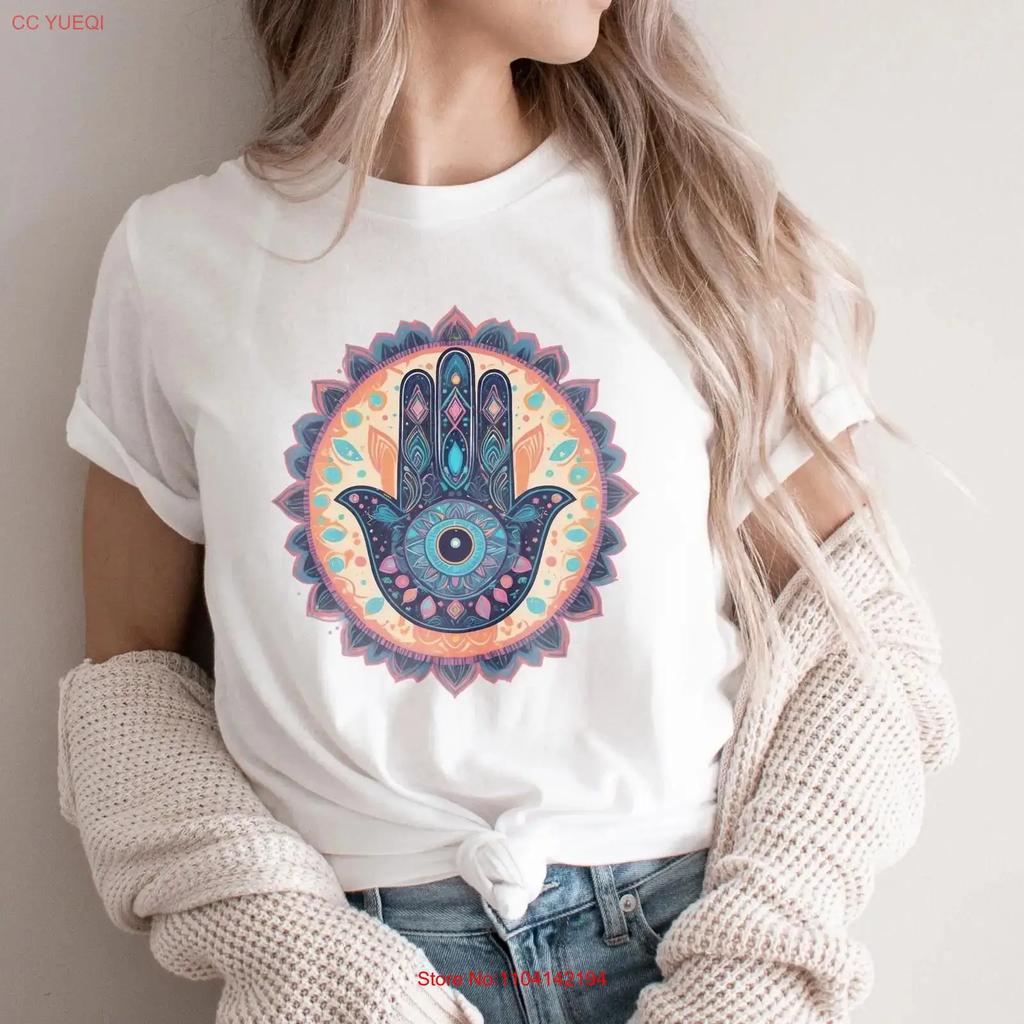 Hamsa Hand T Shirt Evil Eye Boho Spiritual Mandala Protection Yoga Good Luck Trendy Vintage Washed Breathable Comfortable Homme