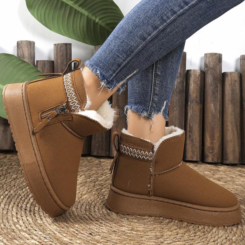 Classic Embroidery Faux Fur Ankle Boots Women Winter Side Zipper Platform Warm Snow Boots Woman Round Toe Non Slip Botas Mujer