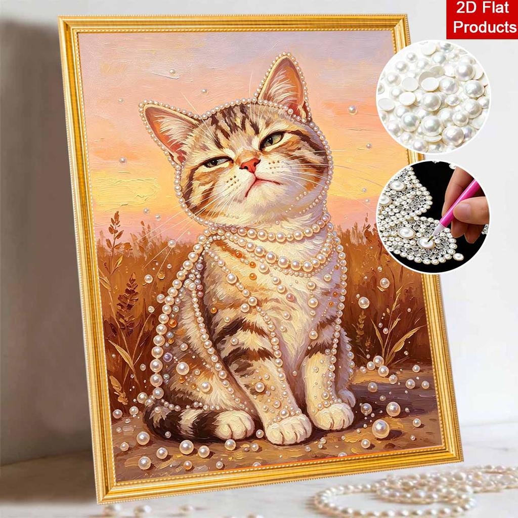 Beautiful Framed Pearl Painting Kit Cute Cat Wearing Necklace DIY 3D Bead Art Canvas Creative Wall Decor Gift for Adults Home Art Craft
