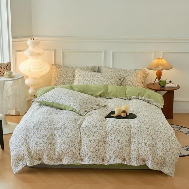 2025 New Small Floral Button Model Pastoral Four-piece Set Non-cotton Pure Cotton Japanese Washed Cotton Four-piece Set