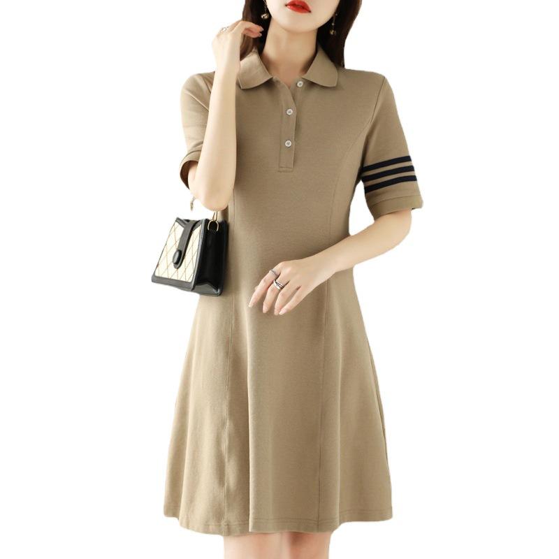 2025 Women's Summer Polo Collar Slimming Mid-Length Color Block Dress with Big Swing Cotton Skirt