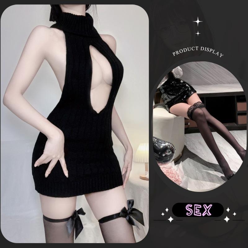 Sexy Lingerie Spring Pure Desire Backless Turtleneck Sleeveless Chest Leakage Knitted Sweater Uniform Temptation