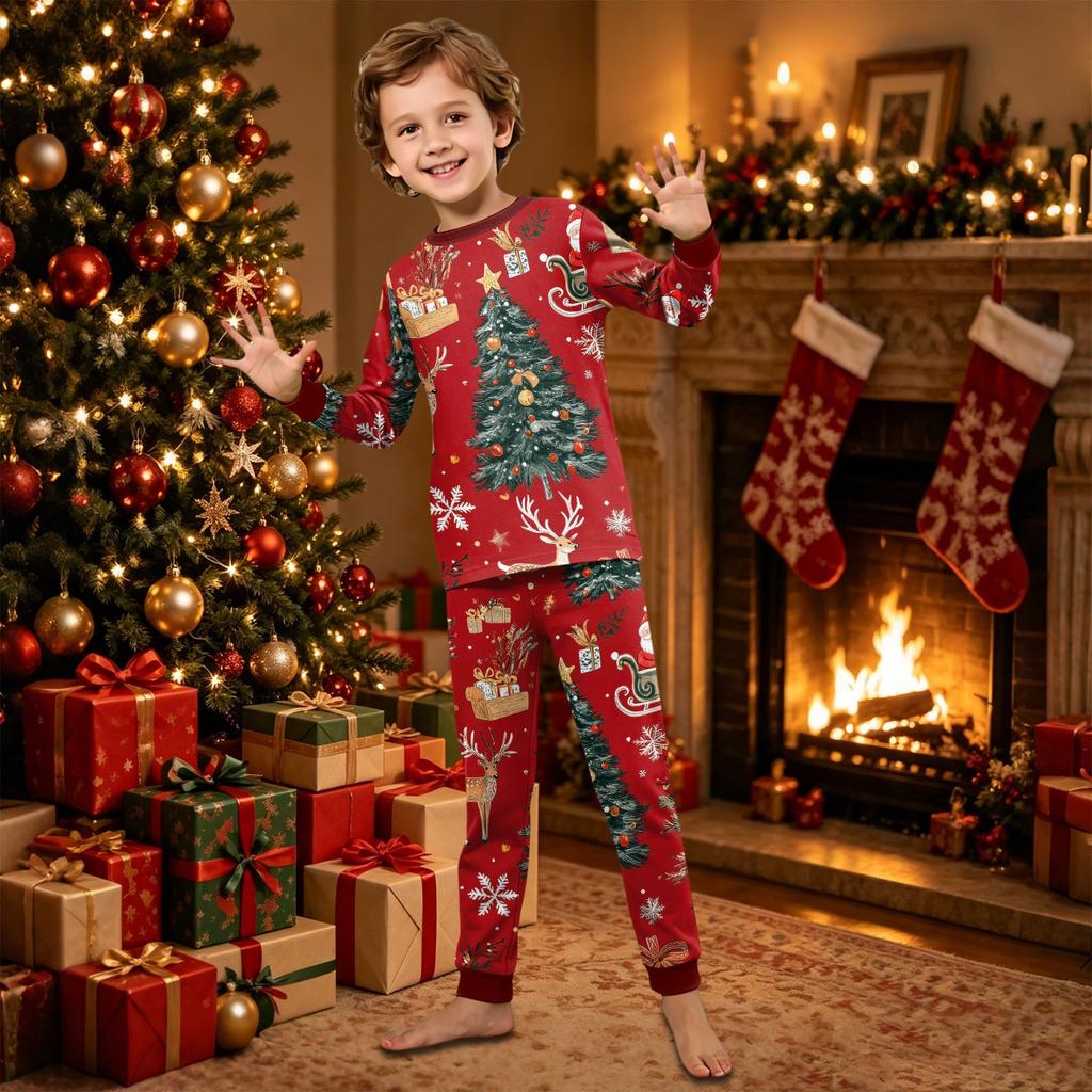 Christmas Print Family Matching Pajama Set Long Sleeve Round Neck Sleepwear for Parent and Kid