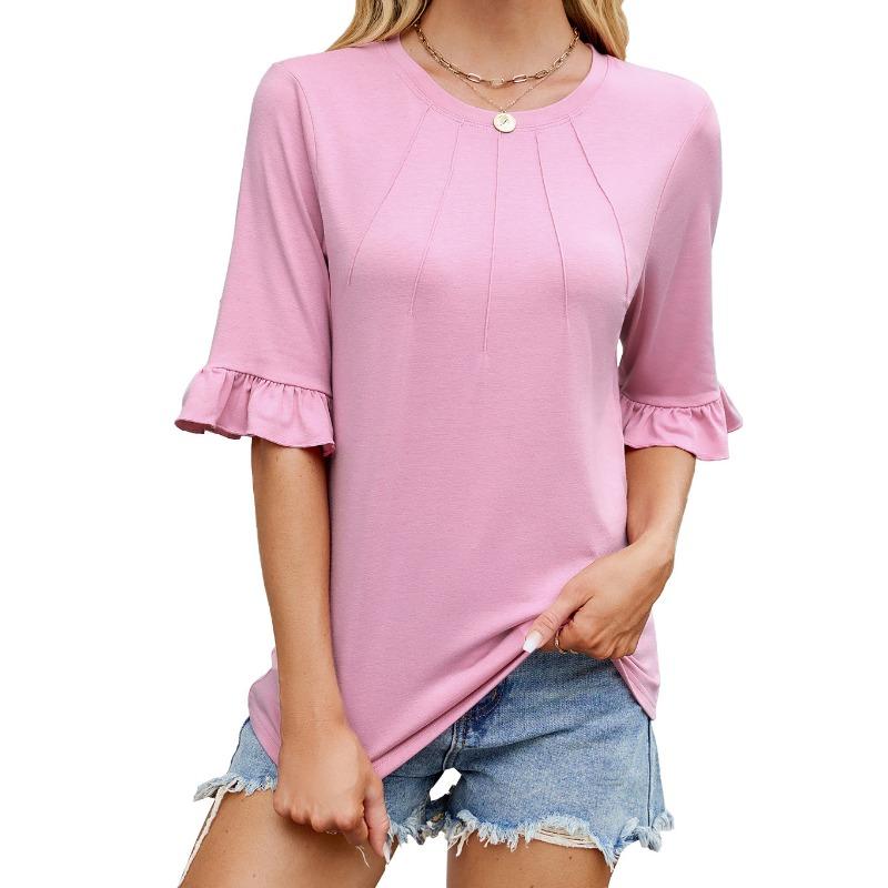 Women's Spring and Summer New Solid Colour Striped Round Neck Ruffled Sleeve Mid-sleeve T-shirt Tops