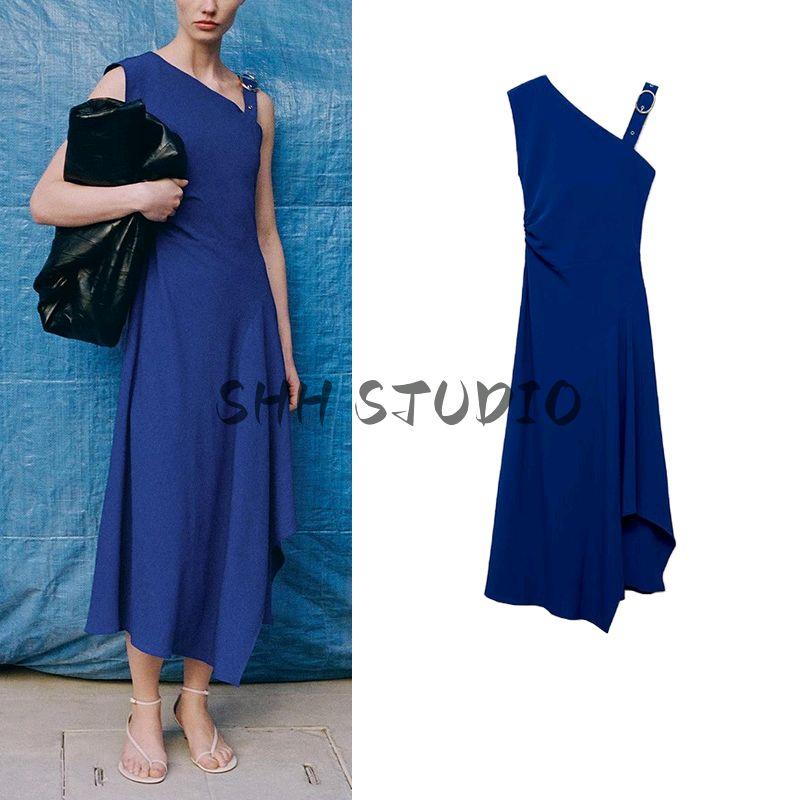 Summer New Arrival Women's Clothing Fashion Style A- Line Asymmetric Buckle Oblique Shoulder Strap Dress 87017194
