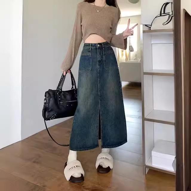 

Ретро джинсовая юбка с высокой талией и передним разрезом - Необычная весенняя мода для женщин Medium