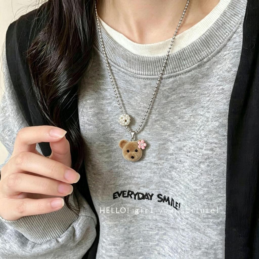 3D Flocked Bear Titanium Steel Necklace - Cute, Versatile, Girly Sweater Chain for Autumn 2026