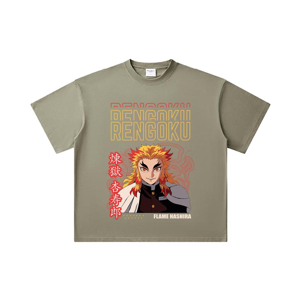 260 GSM Double Yarn 32 Count 100% Cotton Demon Slayer V117 Rengoku Print Unisex Heavy Cotton T Shirt