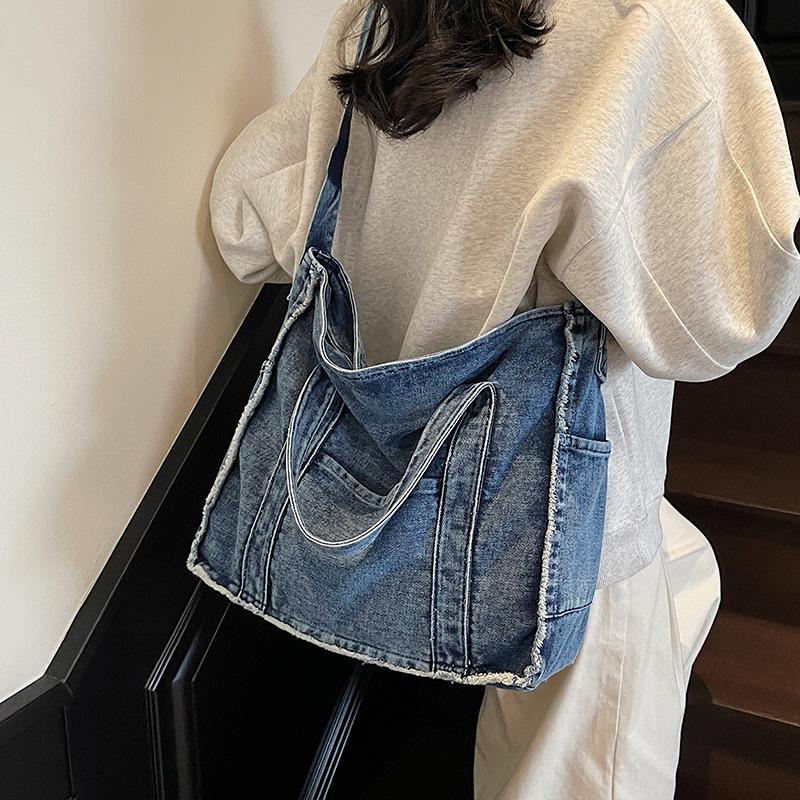 Harajuku Style Fringed Denim Bag, Women's Commuting Crossbody Bag, Large Capacity Hand-held Tote Bag, Canvas Shoulder Bag