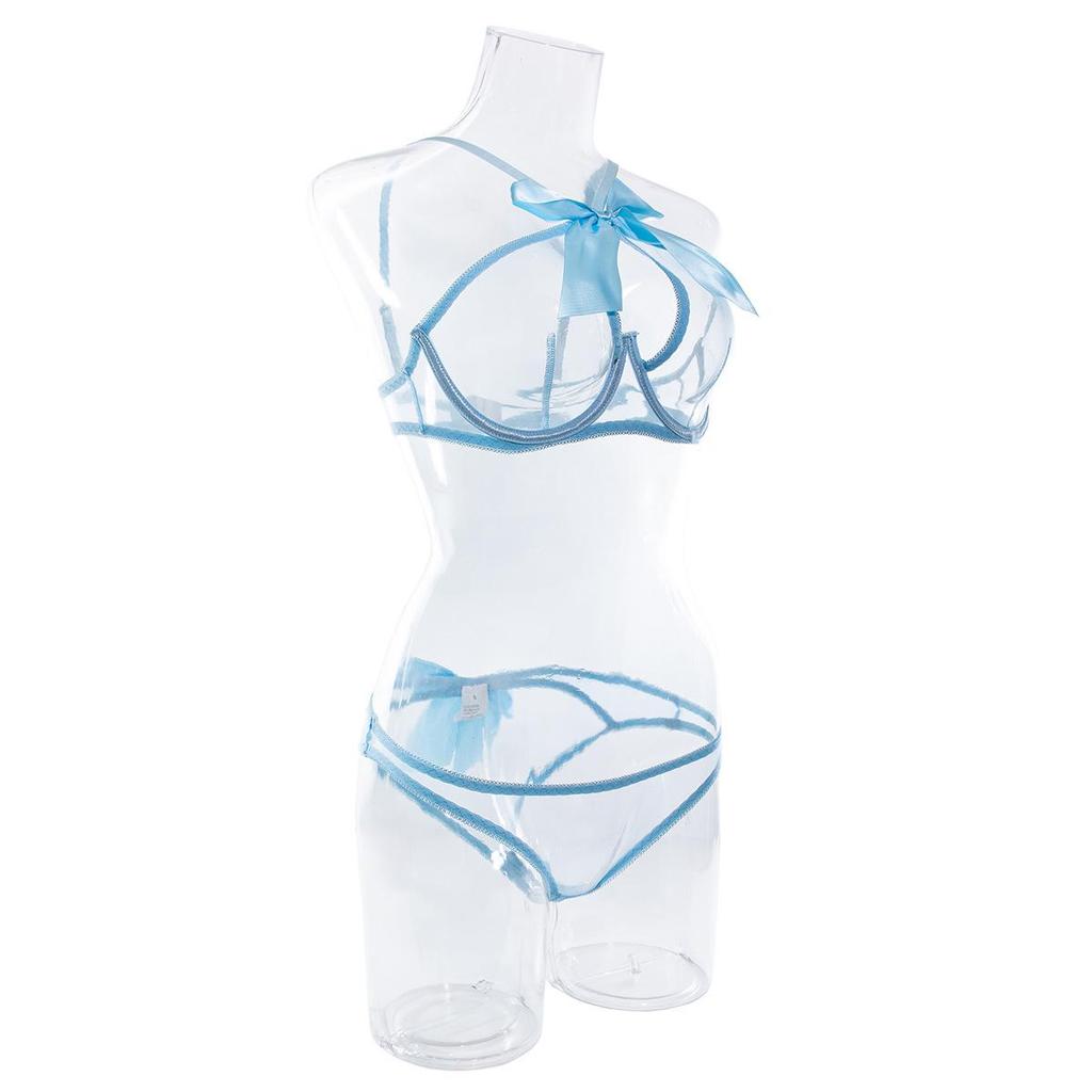 Satin Bowknot Hollow Perspective Women's Sexy Lingerie Set