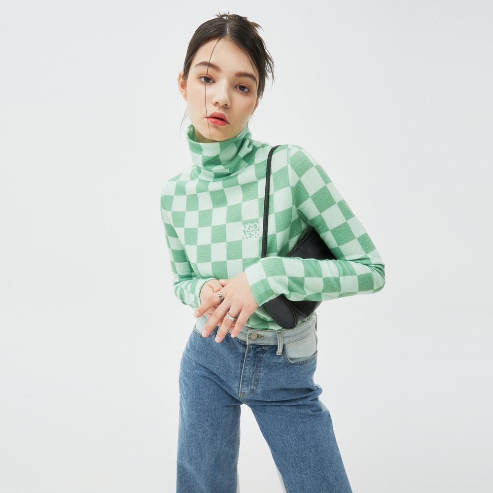 Uncover Checker Board Turtleneck Knit-Green Free