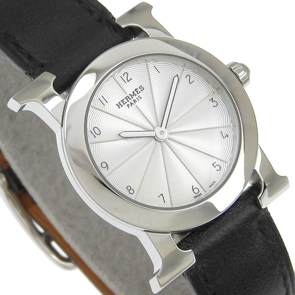 Hermes Heure H Watch Rondo Watches HR1.210 SilverDial Stainless Steel/Embossed Leather Quartz Analog Display Women Used