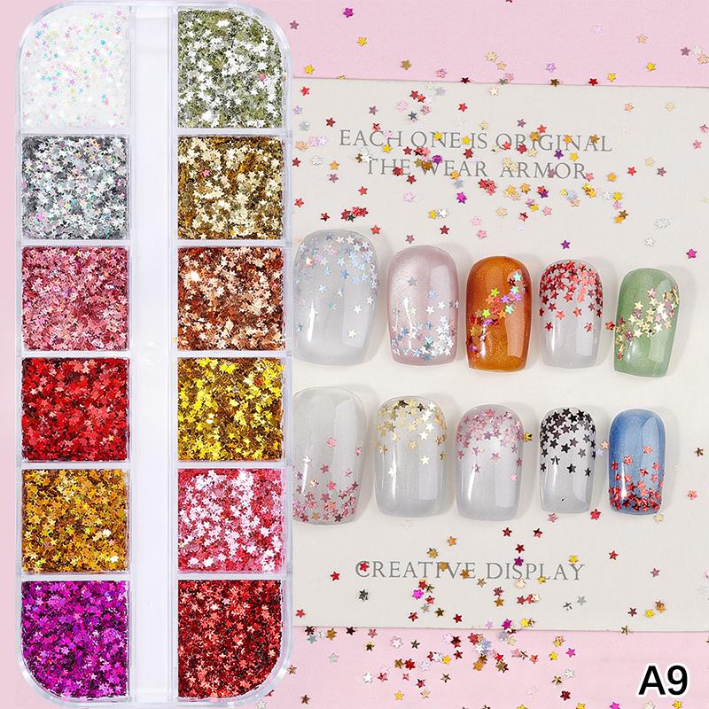 12 Grids Mixed Star Heart Nail Glitter 1Mm Star Sequin Nail Art Diy Colorful Sparkling Nail Charms Nail Decoration Accessories