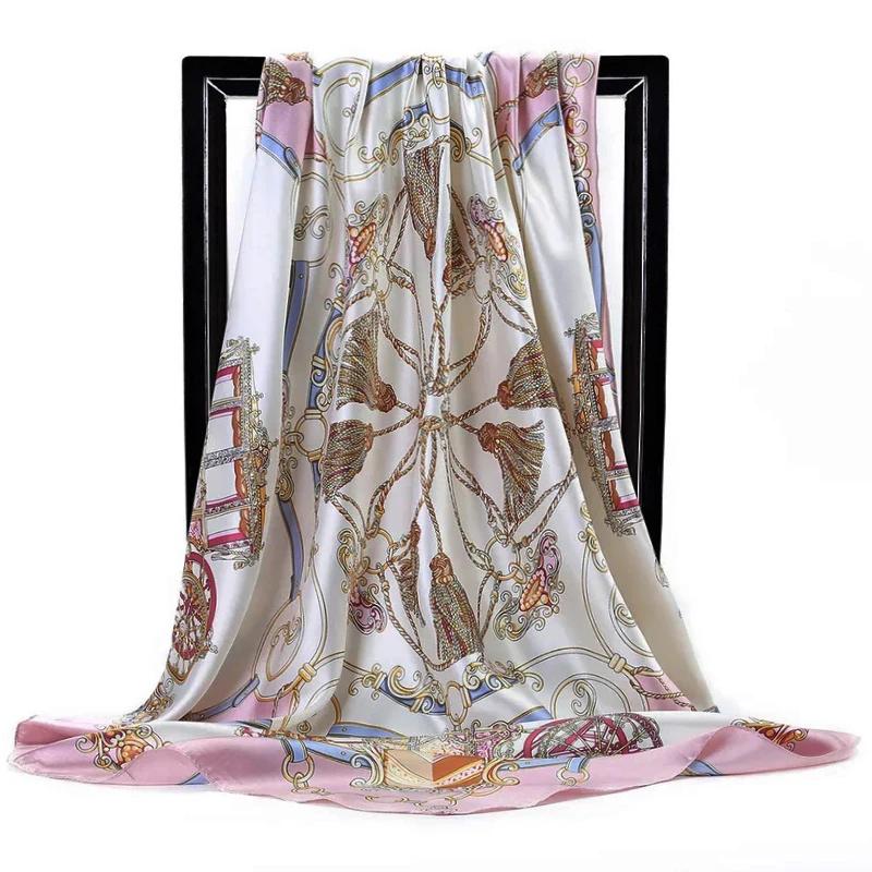 90*90Cm Satin Scarf For Women Cashew Flower Print Chain Scarf Spring And Summer  Style Shawl Scarf For Women   Style