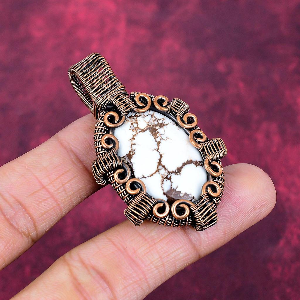 Wild Horse Magnesite Gemstone Pendant Copper Wire Wrapped Handmade Pendant