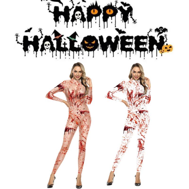 Trendy 2024 European And American Style Women's Halloween Jumpsuit With Bloodstain Digital Print Design