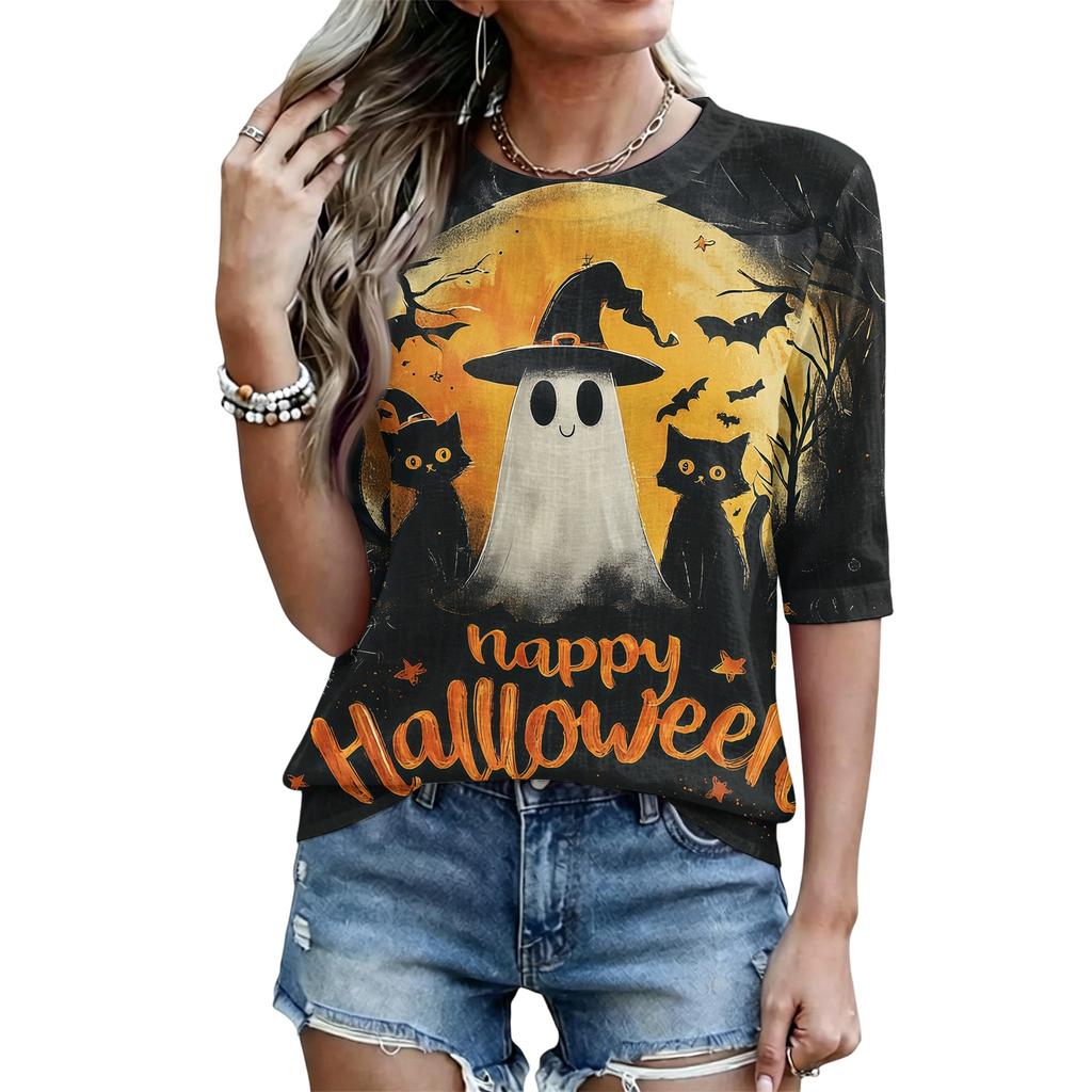 Women's Casual Loose Fit Short Sleeve T-Shirt Round Neck Lightweight Halloween Graphic Top for Everyday Wear
