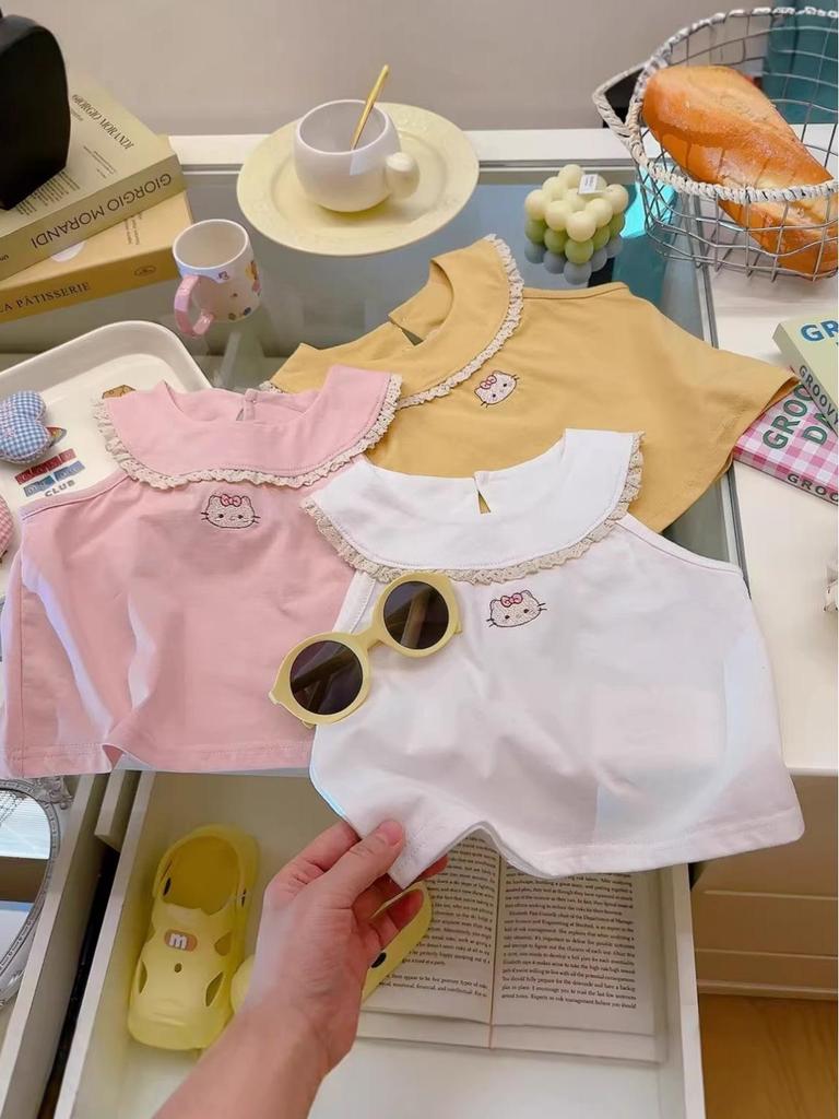 Summer Girls' Embroidered Cat Short Sleeve Pure Cotton Doll Collar Top