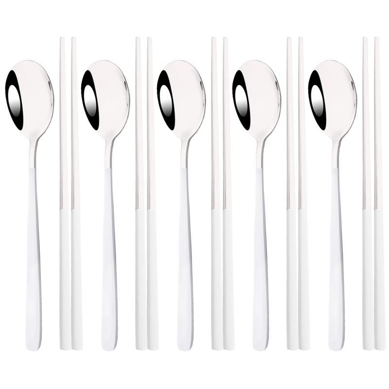 304 Stainless Steel Cutlery Set Sushi Sticks Dinner Spoons Set 10Pcs Dinnerware Korean Chopsticks Dessert Spoon Flatware Set