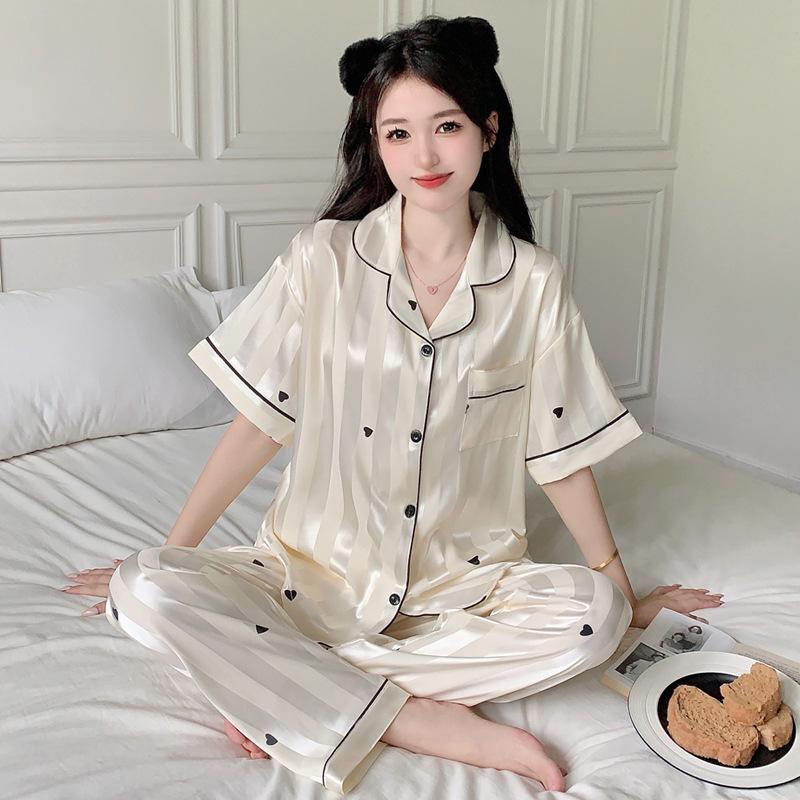 Ice Silk Pajamas Female Cute Wind Bear Summer High-End Cartoon Short-Sleeved Trousers Loungewear